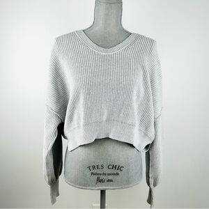 Aerie SZ XS Gray Ribbed Knit Cropped Sweater Soft Drop Shoulder Cozy Pullover